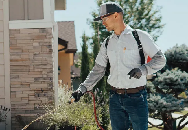 tech sparying garage door for pest